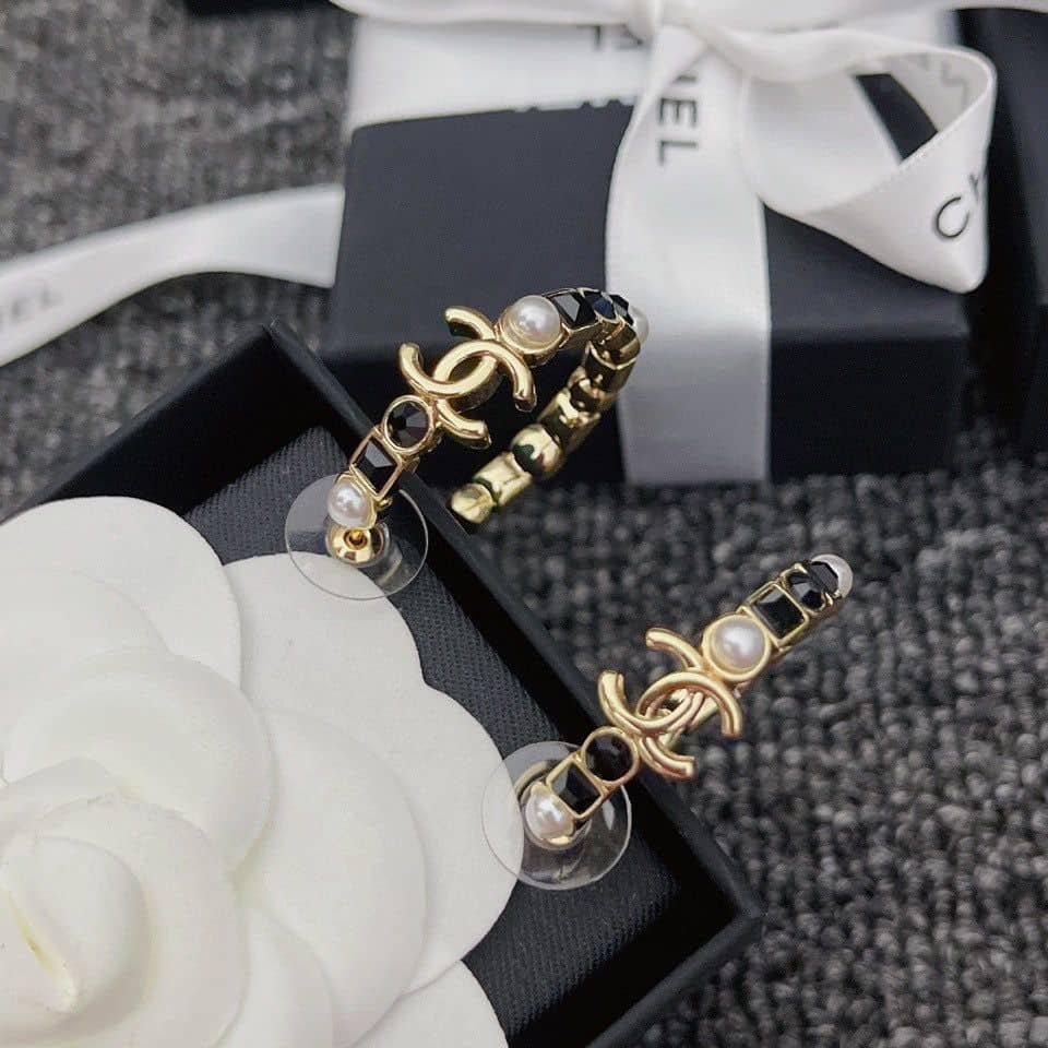 Ch**el Hoop Earrings Metal Gold And Black Ab7836 B07668 Ng856