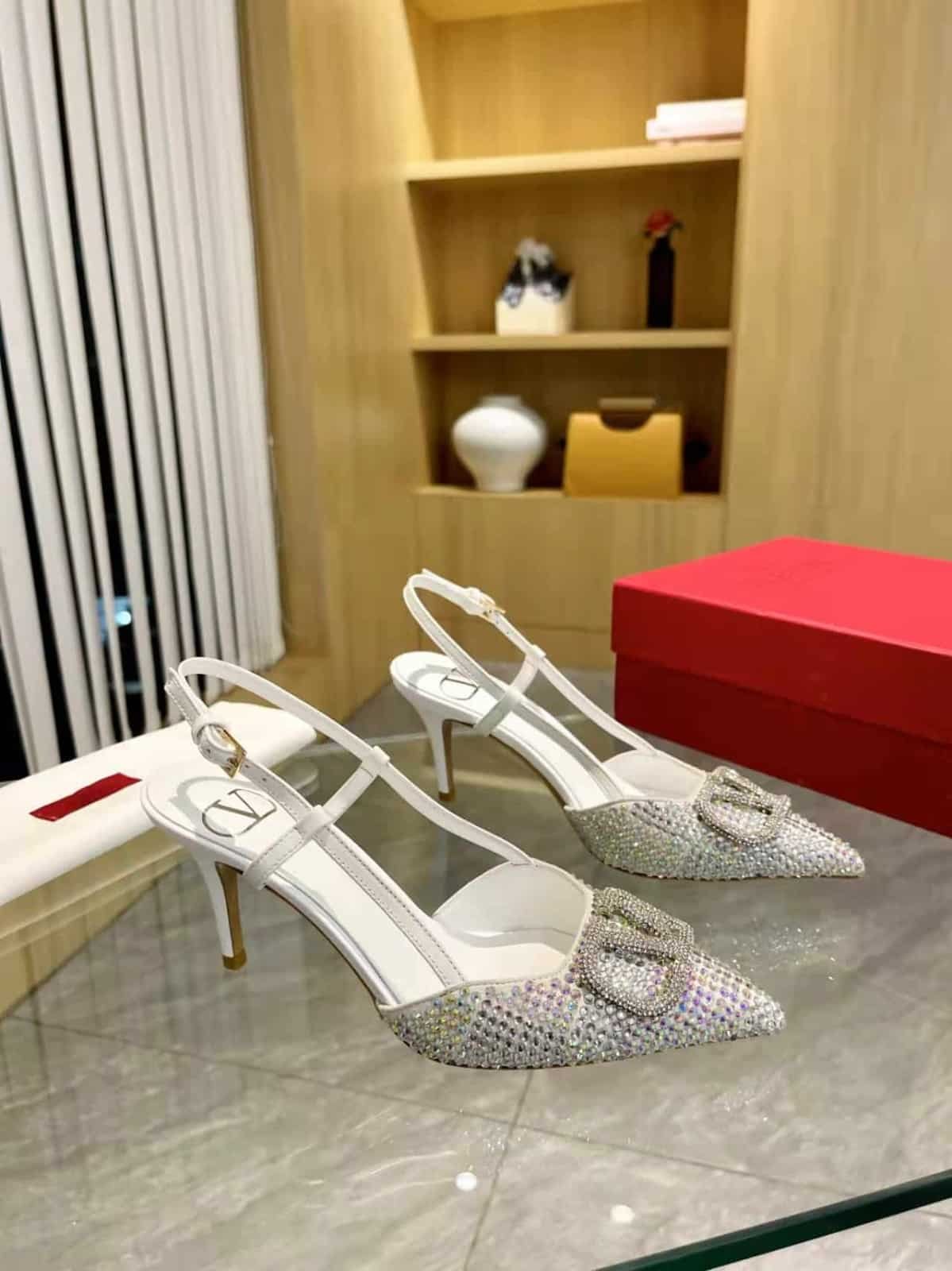 Va1e*ntin0 Vlogo Signature Back Strap Crystal High Heels White