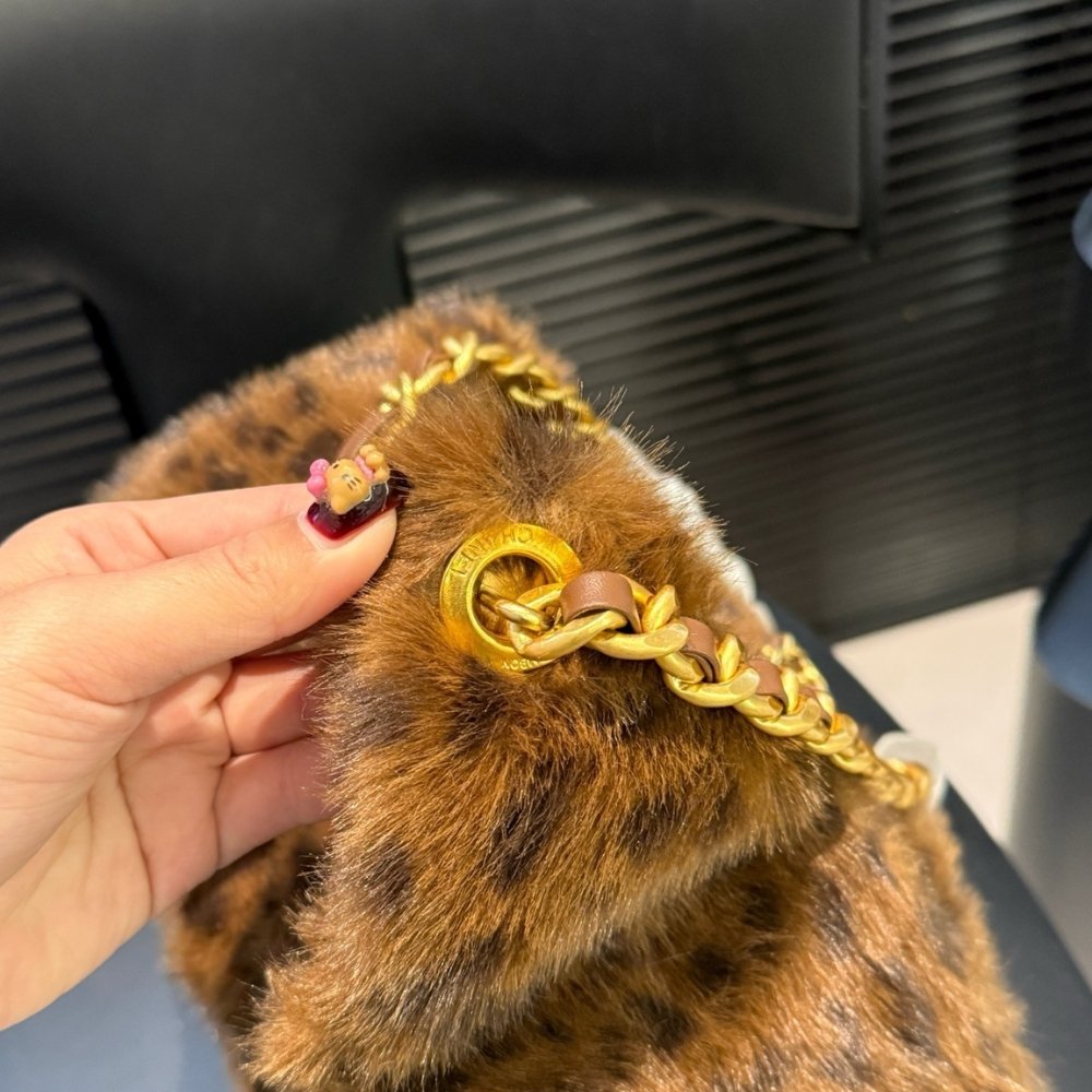 Ch**el 25 Small Handbag Faux Leopard Fur And Gold Tone Metal Brown 28Cm