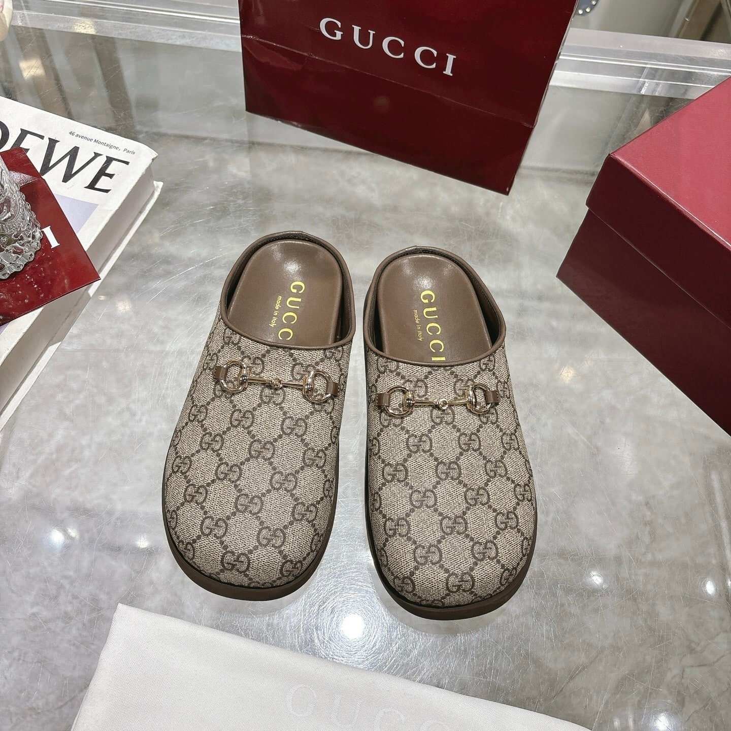 Gvc*1 Women Mule With Horsebit Camel And Dark Brown Gg Canvas 837130 Fab10 2543