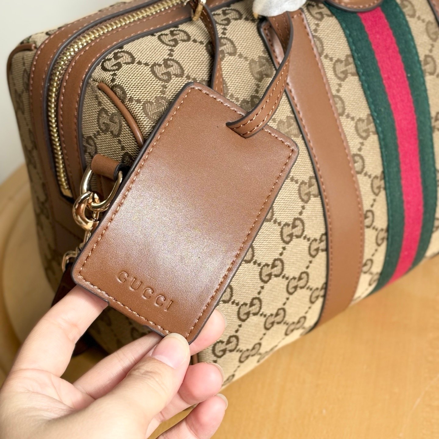 Gvc*1 Ophidia Medium Boston Bag Beige And Brown GG Canvas 30Cm ‎857595 FAFUF 9870