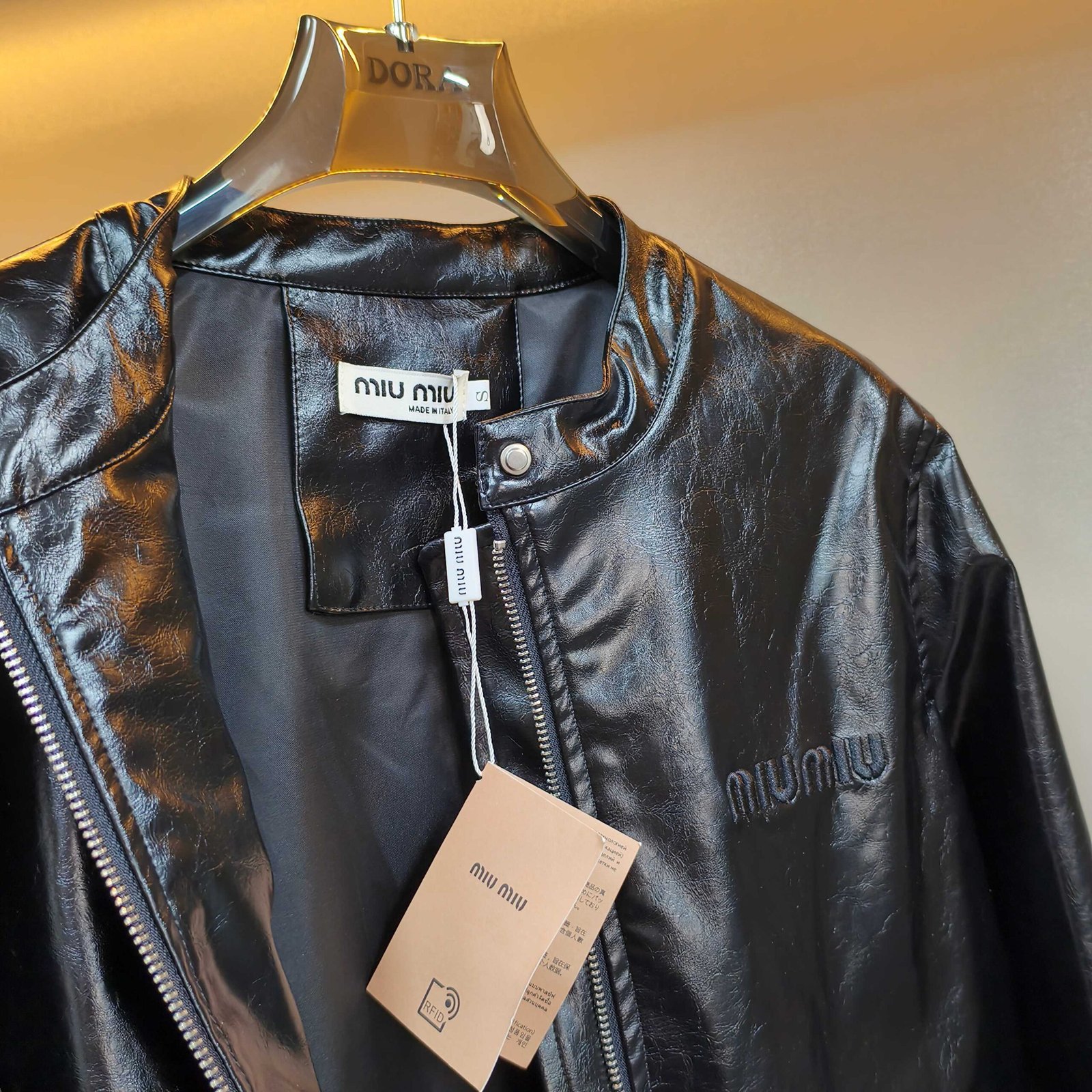 M1um1u Crop Top Jacket Black Leather